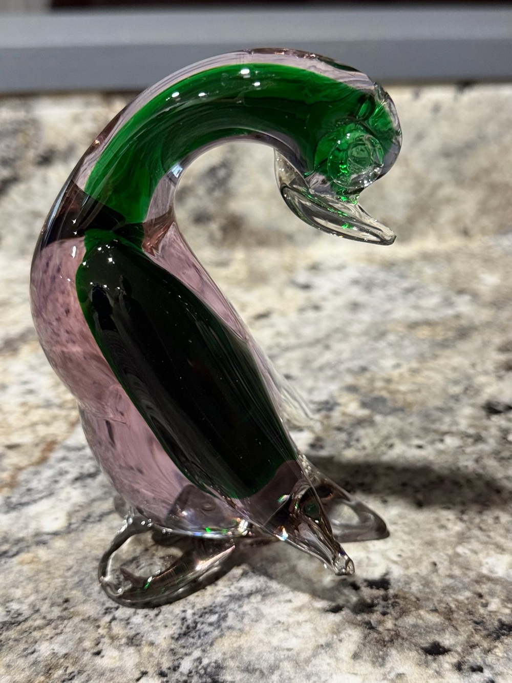 Murano Handblown Glass Penguin Sculpture in Green and Pink